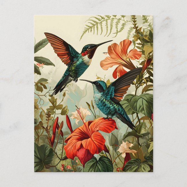 Hummingbird and Flowers: Vintage Postcard (Front)