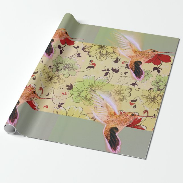 HUMMINGBIRD AND FLOWERS Wrapping Paper (Unrolled)