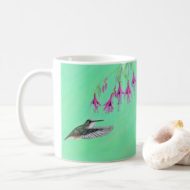 Hummingbird and Fuchsia Painting Coffee Mug (With Donut)