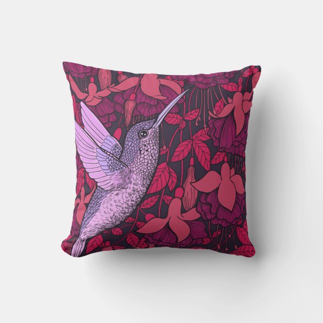 Hummingbird and fuchsia violet throw pillow (Front)