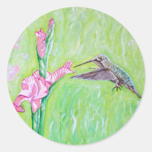 Hummingbird and Gladioli Painting Classic Round Sticker
