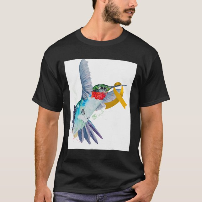 Hummingbird and Gold Ribbon Childhood Cancer Aware T-Shirt (Front)
