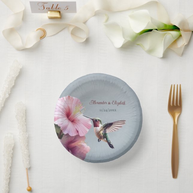 Hummingbird and Hibiscus | Blue Wedding Paper Plate (Wedding)