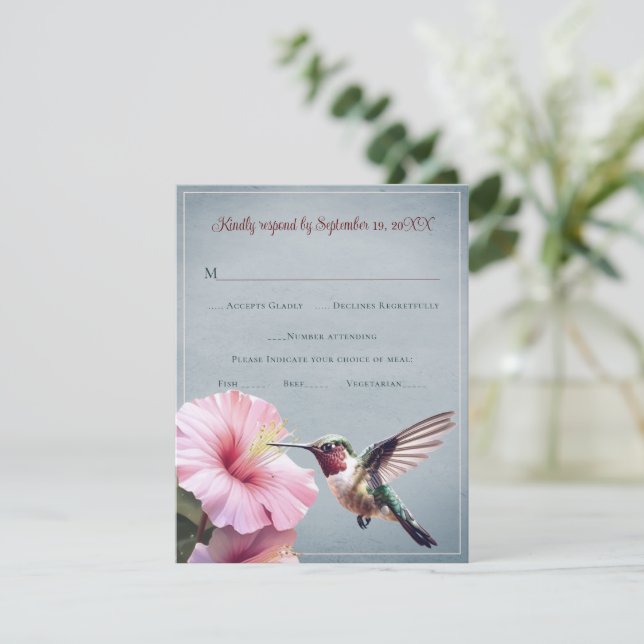 Hummingbird and Hibiscus | Blue Wedding RSVP Card (Standing Front)