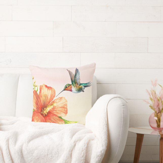 Hummingbird and Hibiscus Flower  Throw Pillow (Couch)