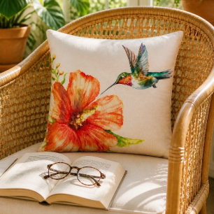Hummingbird and Hibiscus Flower Throw Pillow