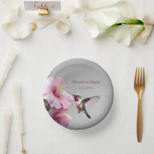 Hummingbird and Hibiscus   Grey Wedding Paper Plate