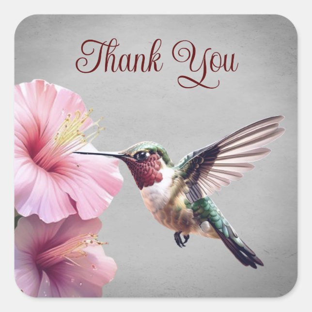 Hummingbird and Hibiscus | Grey Wedding Thank You Square Sticker (Front)