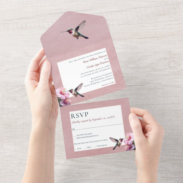 Hummingbird and Hibiscus | Pink Wedding All In One Invitation (Tearaway)