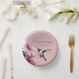 Hummingbird and Hibiscus   Pink Wedding Paper Plate