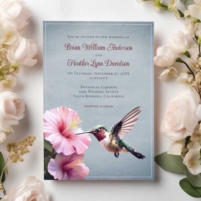 Hummingbird and Hibiscus Wedding | Blue Invitation (Blue Hummingbird and Hibiscus Wedding Invitation)