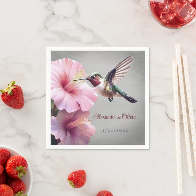 Hummingbird and Hibiscus Wedding | Grey Napkin (Insitu)
