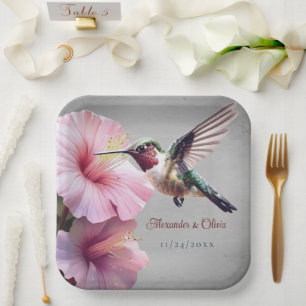 Hummingbird and Hibiscus Wedding   Grey Paper Plate