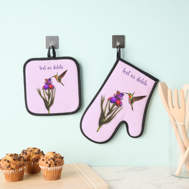 Hummingbird And Iris Flower Personalized Oven Mitt & Pot Holder Set (Insitu(Hanging))