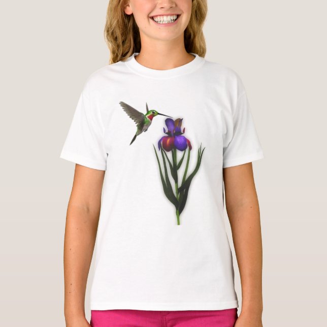 Hummingbird And Iris Flower T-Shirt (Front)