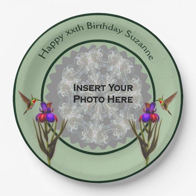 Hummingbird And Iris Personalized Photo Birthday Paper Plate (Front)