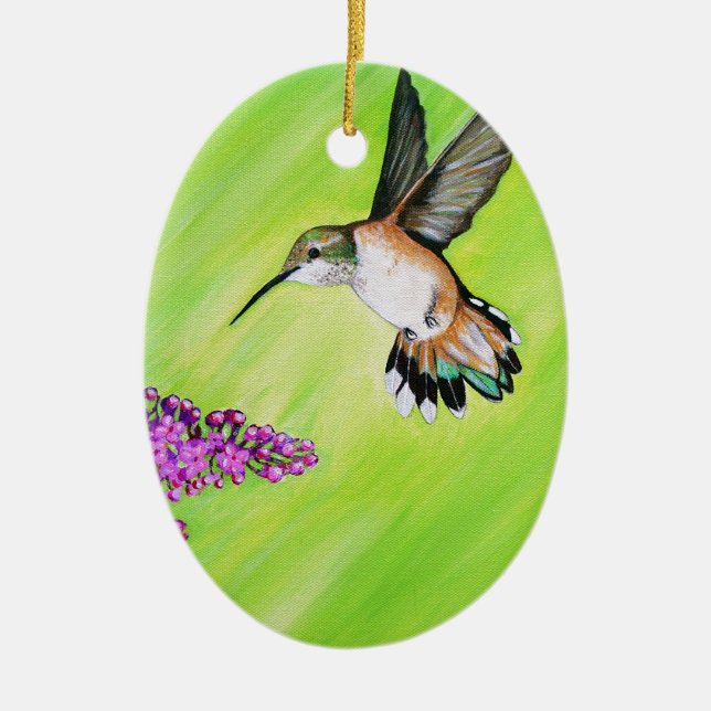 Hummingbird and Lilac Painting Ceramic Ornament (Front)