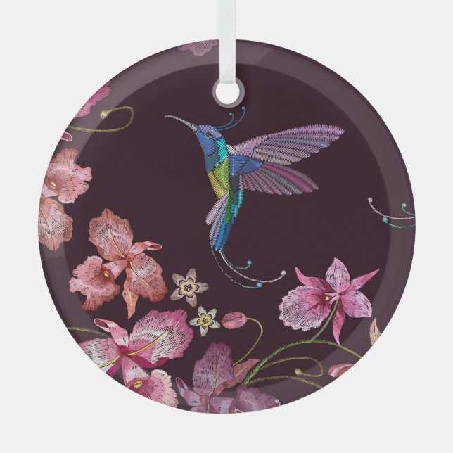 Hummingbird and orchid, tropical seamless fashion. glass ornament (Front)