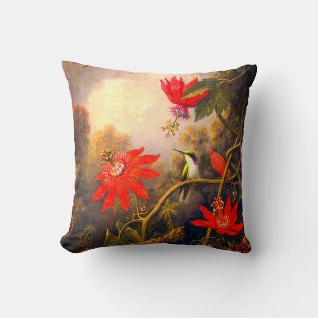 Hummingbird and Passionflowers painting Throw Pillow (Front)