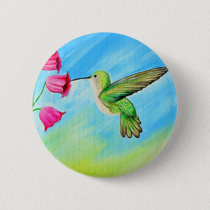 Hummingbird and Pink Bell Flowers Painting 2 Inch Round Button