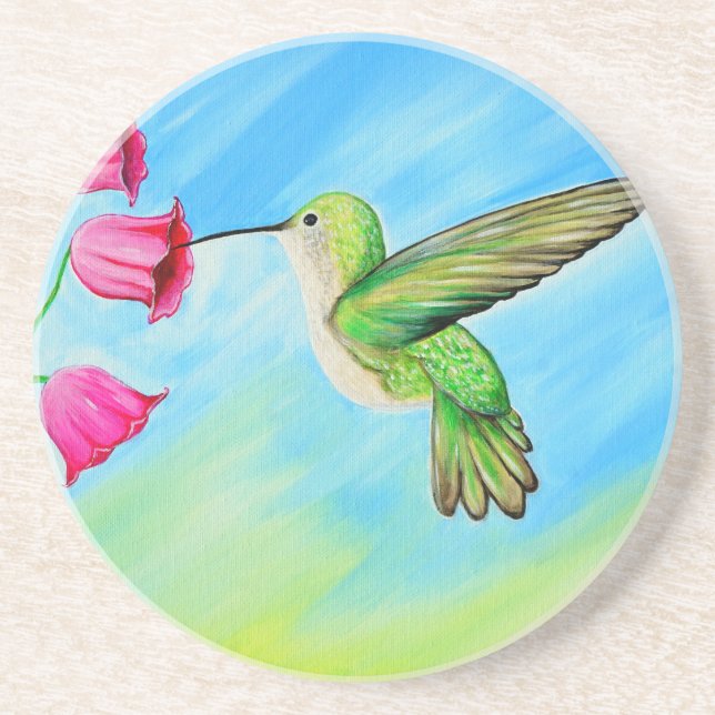 Hummingbird and Pink Bell Flowers Painting Coaster (Front)