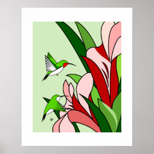 Hummingbird and PInk Flowers Stylized Art Poster