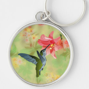 Hummingbird and Pink Lily on Floral Pattern Keychain