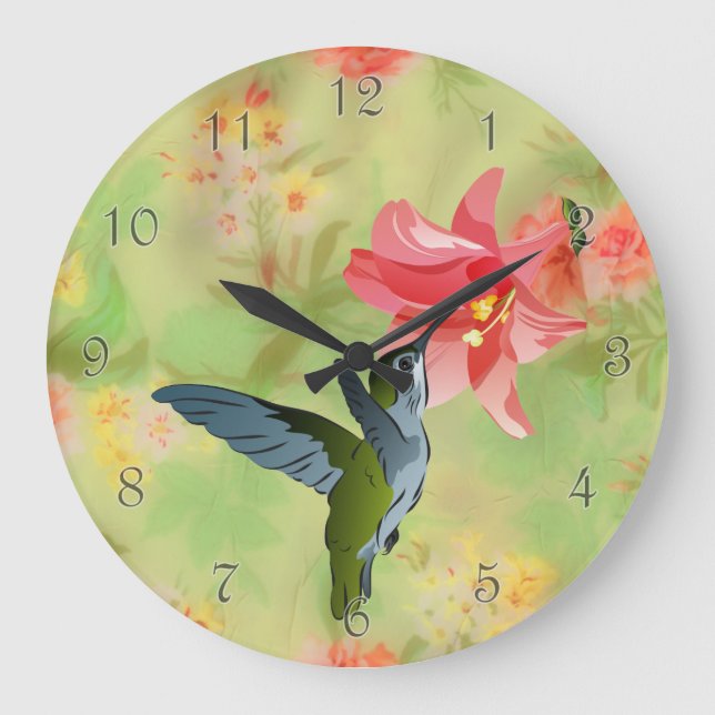 Hummingbird and Pink Lily on Floral Pattern Large Clock (Front)