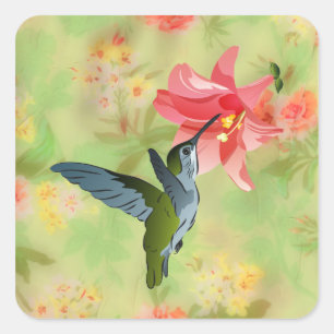 Hummingbird and Pink Lily on Floral Pattern Square Sticker