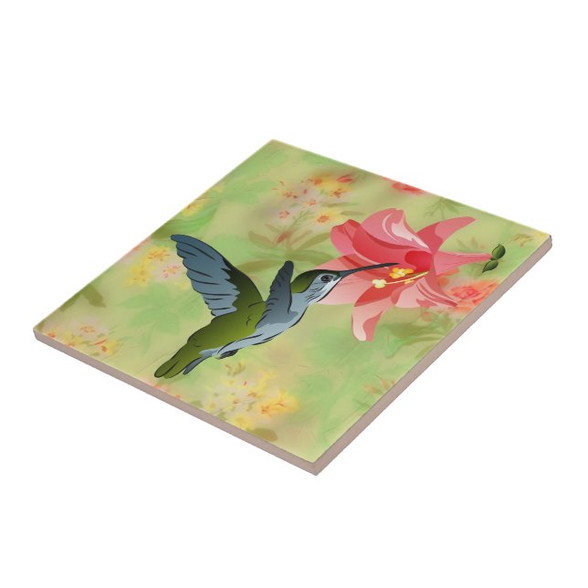 Hummingbird and Pink Lily on Floral Pattern Tile (Side)