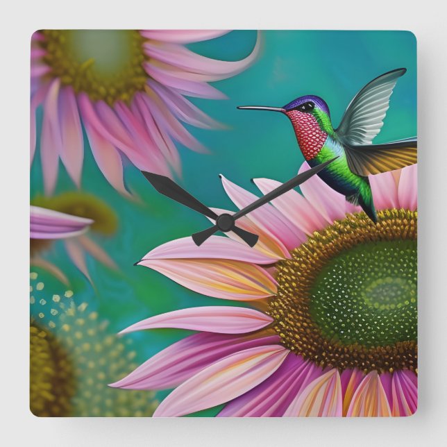 Hummingbird and Pink Sunflower Square Wall Clock (Front)