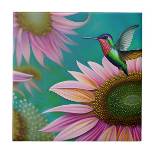 Hummingbird and Pink Sunflower Tile