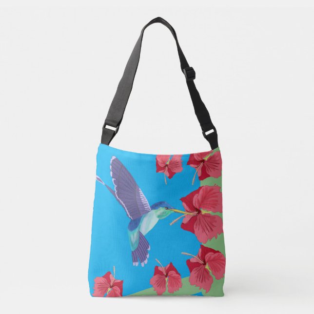 Hummingbird and red Hibiscus Heart Shaped Crossbody Bag (Front)