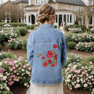 Hummingbird and Red Roses Denim Jacket