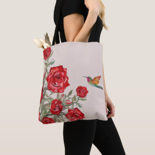 Hummingbird and Red Roses Tote Bag
