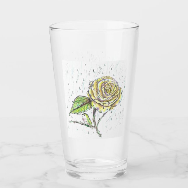 Hummingbird and Rose in the Rain Drawing Glass (Front)