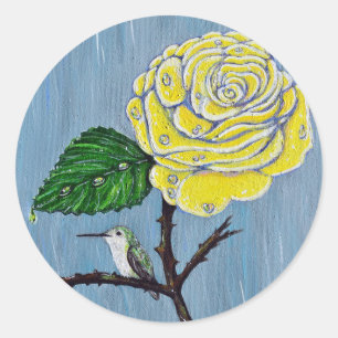 Hummingbird and Rose in the Rain Painting Classic Round Sticker