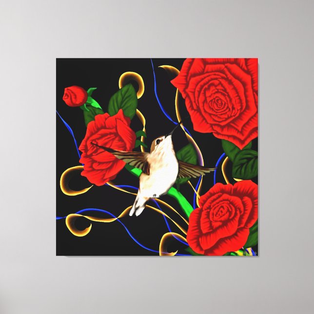Hummingbird and Roses Canvas Print (Front)