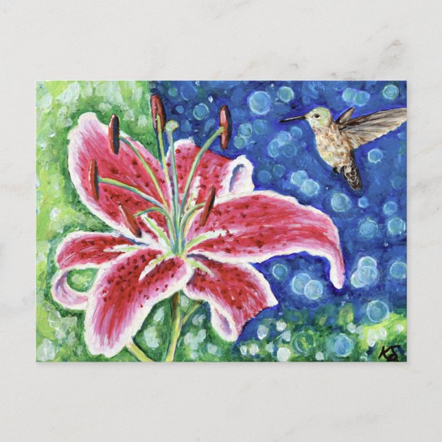 Hummingbird and Stargazer Lily Painting Postcard (Front)