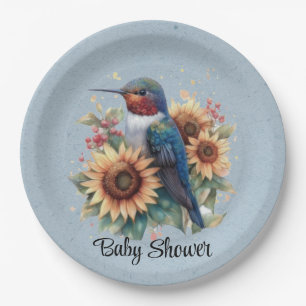 Hummingbird and Sunflower Blue Baby Shower Paper Plate