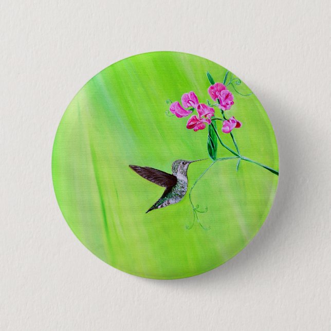 Hummingbird and Sweet Peas Painting 2 Inch Round Button (Front)