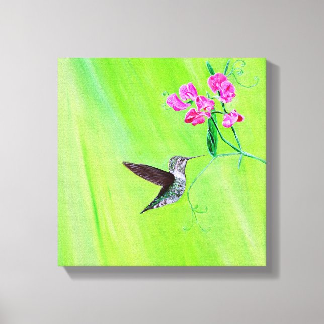 Hummingbird and Sweet Peas Painting Canvas Print (Front)