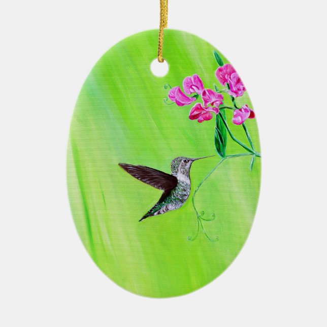 Hummingbird and Sweet Peas Painting Ceramic Ornament (Front)
