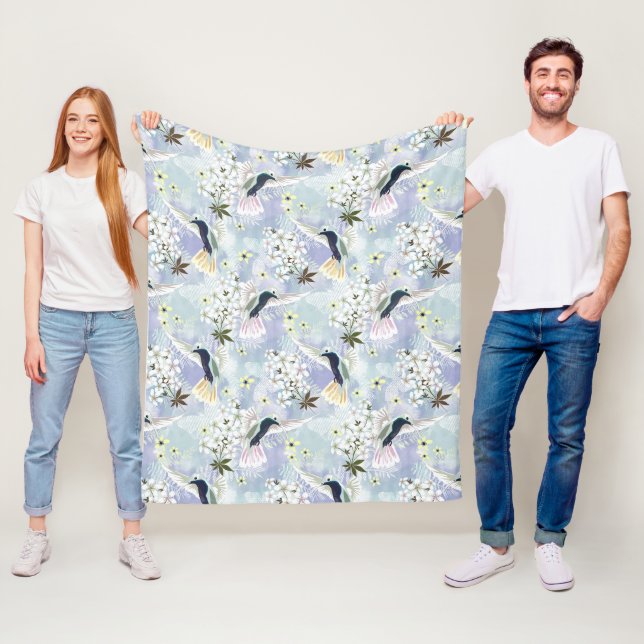 Hummingbird and white flowers fleece blanket (In Situ)