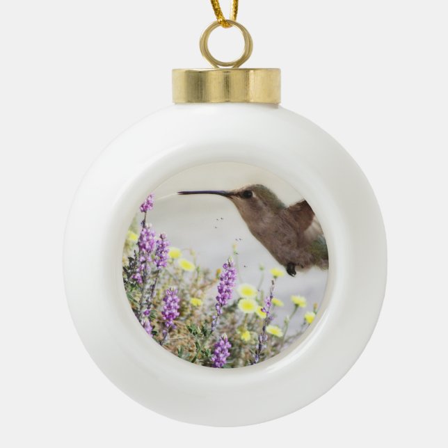 Hummingbird and Wildflowers Digital Art  Ceramic Ball Christmas Ornament (Front)