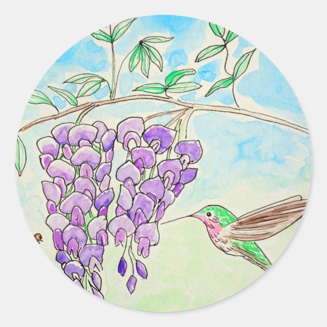Hummingbird and Wisteria Painting Classic Round Sticker (Front)
