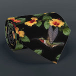 Hummingbird And Yellow Hibiscus, Tie<br><div class="desc">Pictured On Black Is A Hummingbird Flying Toward Yellow Hibiscus Flowers.</div>
