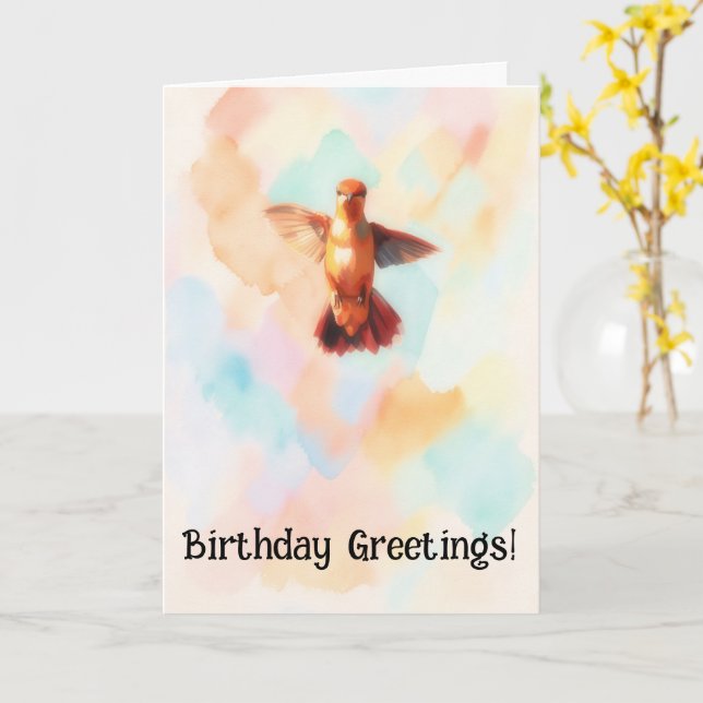 Hummingbird Art Pretty Birthday Card (Yellow Flower)