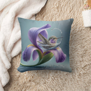 Hummingbird Bathing In An Iris Blossom Throw Pillow