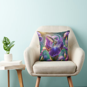 Hummingbird Bathing In an Iris Throw Pillow